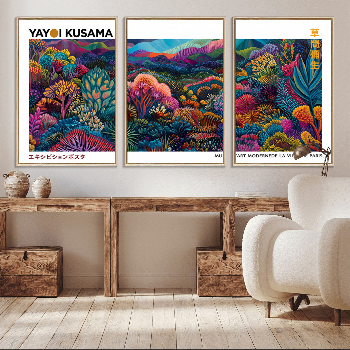 MGV-FC-60X30-3P - Framed Yayoi Kusama 1986 Wall Art Print – Japanese Wall Art Print, Wabi Sabi Yayoi Kusama Print -