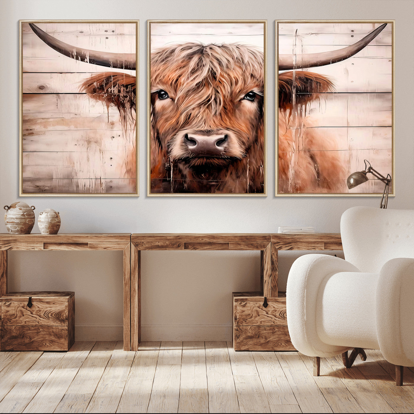 MGV-FC-60X30-3P - Vintage Scottish Highland Cow Cattle Art Print Farmhouse Wall Art Canvas Print