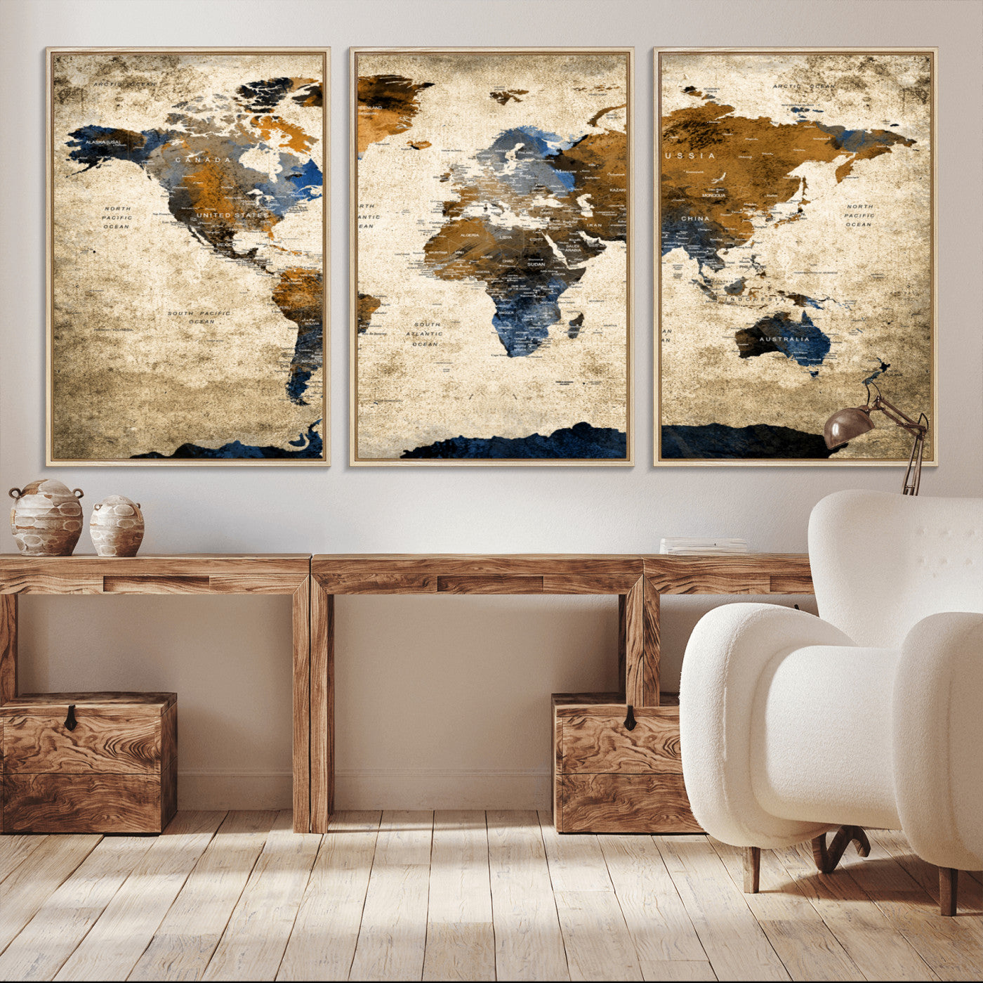 51140-MGV-CV-36X24-World Map Wall Art – Antique Style Blue and Brown Map Canvas Print, Classic Travel Wall Decor for Home Office or Study Room