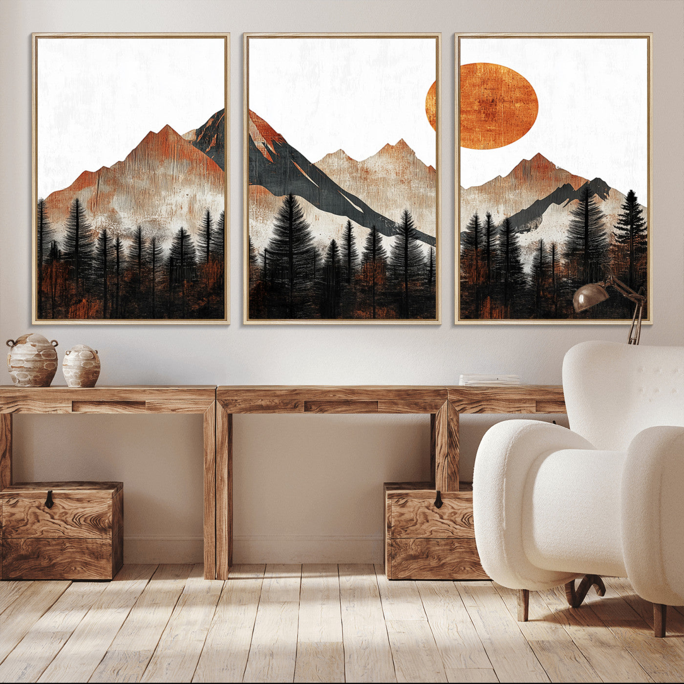 MGV-FC-60X30-3P - Modern Abstract Mountain Canvas Wall Art Print, Abstract Landscape Print, Rustic Sun and Mountains