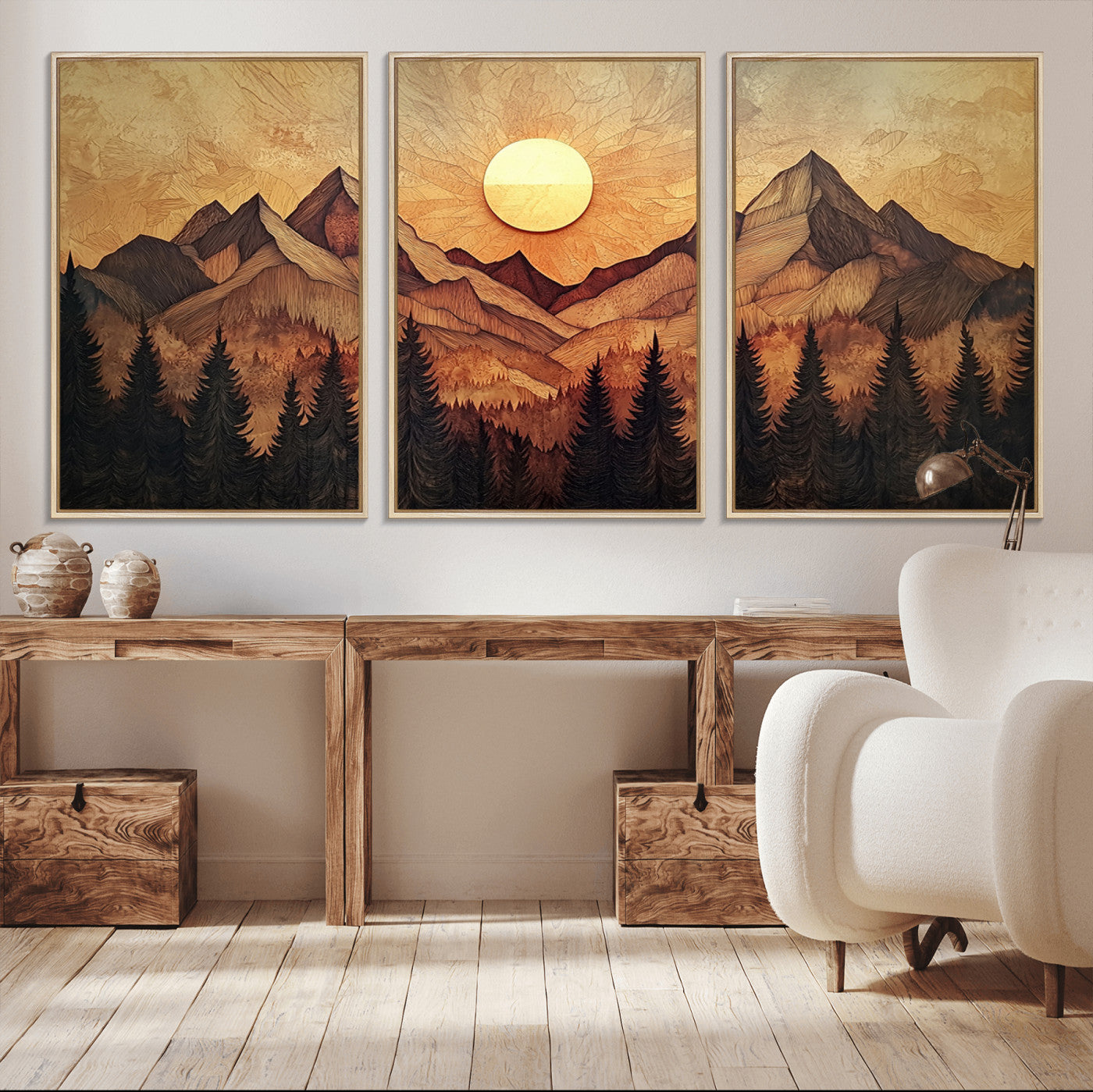 MGV-FC-60X30-3P - Wood Style Abstract Mountain Sunset Canvas Wall Art Print - Warm Earth Nature-Inspired Decor for