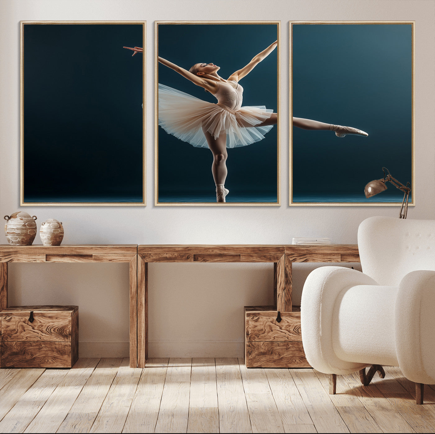 An elegant ballerina captured mid-pose on pointe, radiating grace and strength in a perfectly lit studio setting, her tutu fanned out in delicate symmetry.