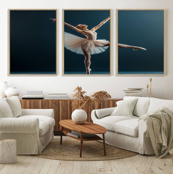 This stunning Ballerina Canvas Wall Art Print captures the elegance of a ballet dancer in motion, beautifully highlighted against a stage-like backdrop with delicate decor and natural elements. As graceful dance-inspired wall decor, it adds an element of grace and movement to any living room, office, or bedroom and is ready to hang.