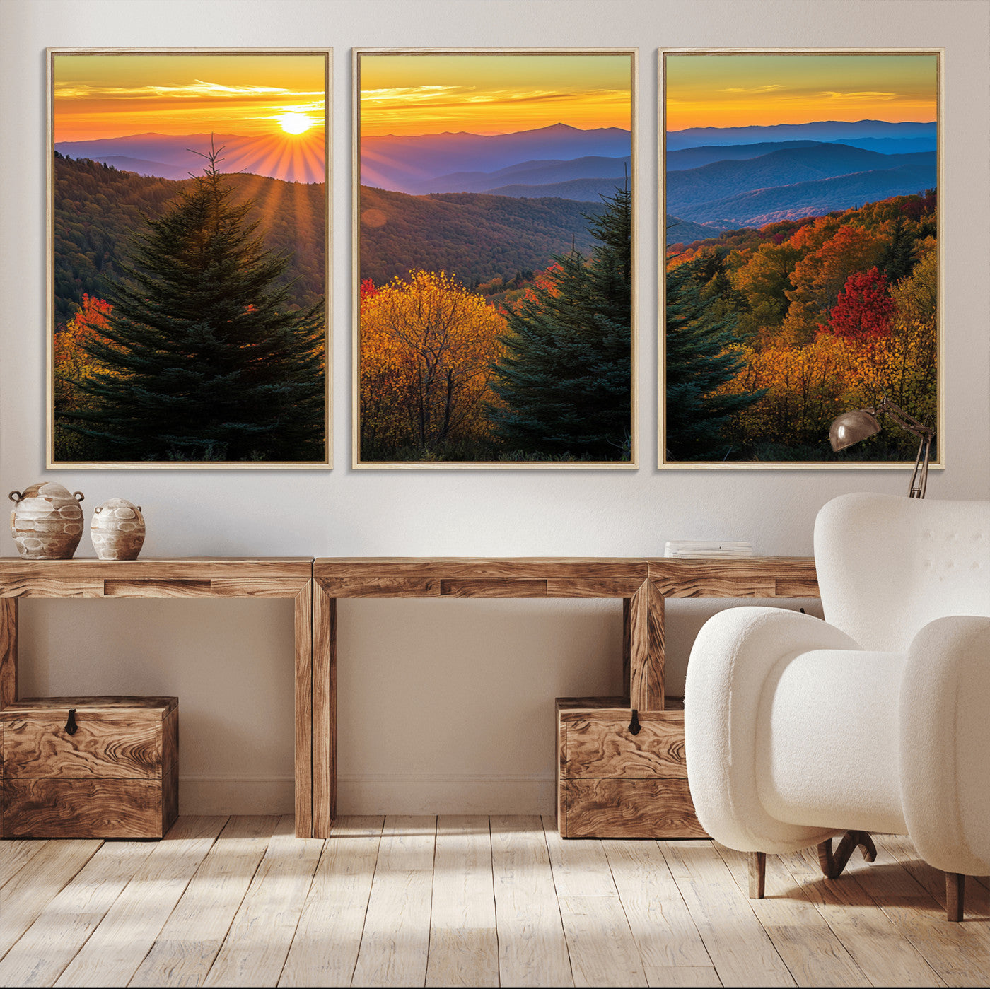 MGV-FC-60X30-3P - Golden Sunset Over Mountain Forest Canvas Wall Art Print - Warm Nature-Inspired Landscape for Living