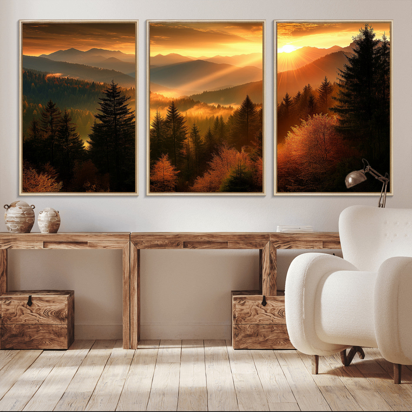 MGV-FC-60X30-3P - Golden Sunset Over Mountain Forest Canvas Wall Art Print - Warm Nature Landscape Print