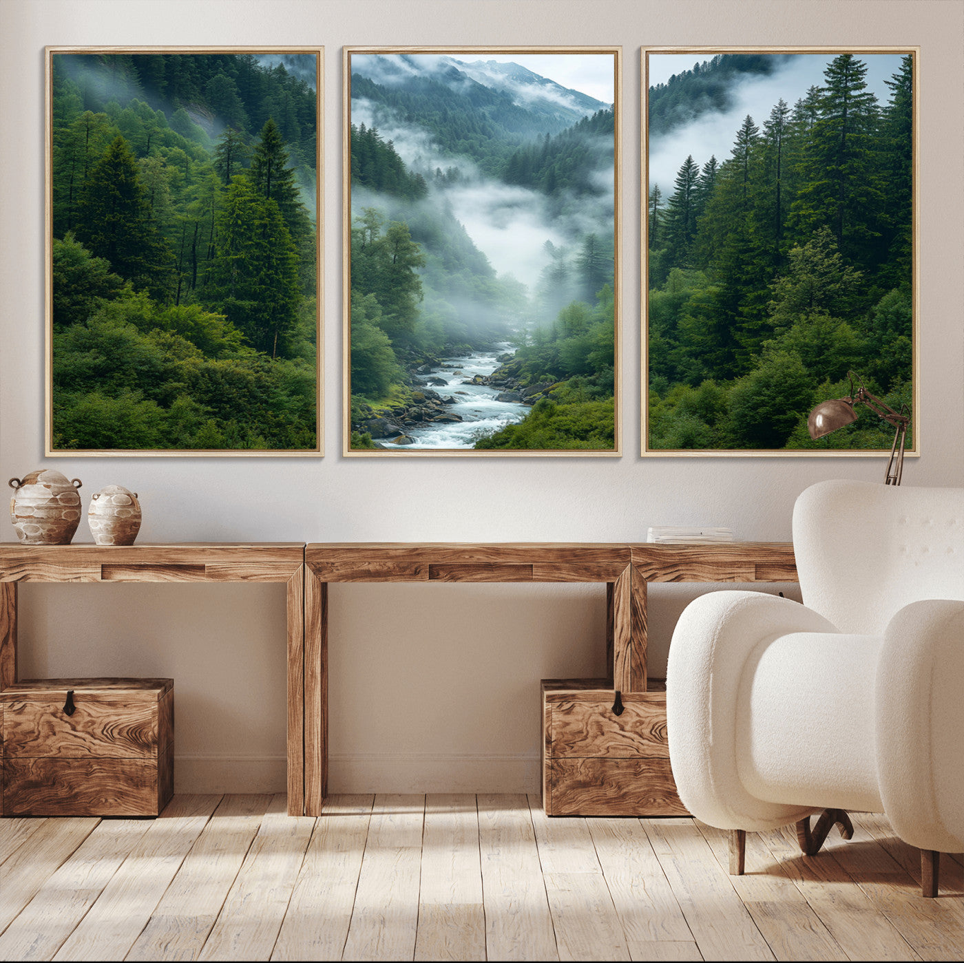 MGV-FC-60X30-3P - Mountain Forest River Canvas Wall Art Print - Serene Nature Landscape for Living Room, Office, or