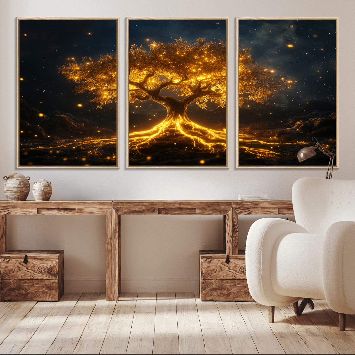MGV-FC-60X30-3P - Golden Tree of Life Canvas Wall Art Print - Majestic Glowing Tree Design for Living Room, Office, or