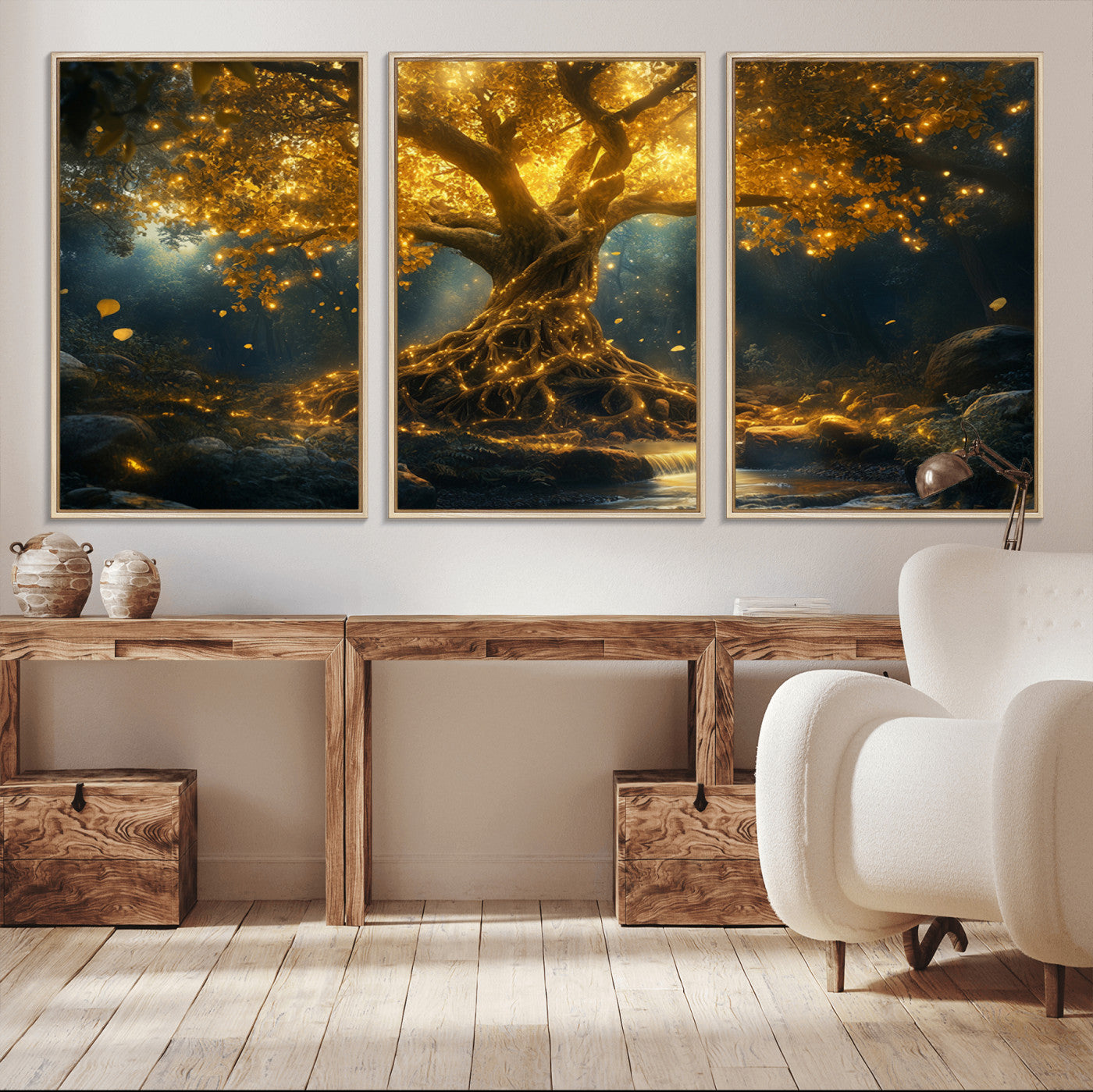 MGV-FC-60X30-3P - Golden Tree of Life Canvas Wall Art Print - Majestic Glowing Tree Wall Art Print