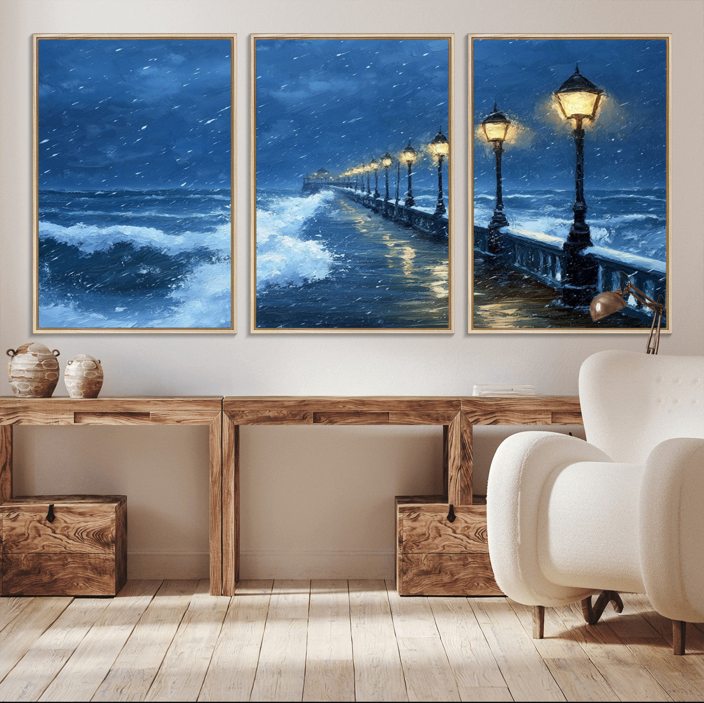 MGV-FC-60X30-3P - Stormy Ocean Pier Lights Canvas Wall Art Print - Large Moody Night Scene for Living Room, or Office,