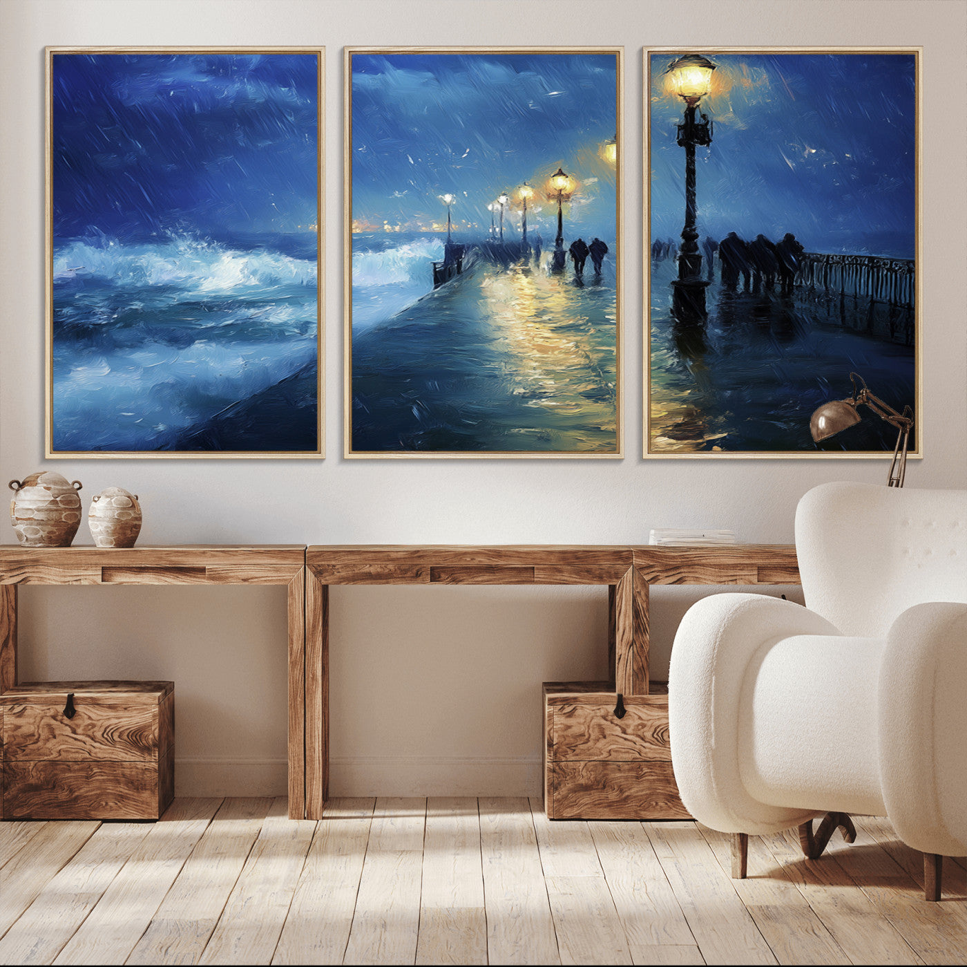 -Storm Ocean Pier Canvas Wall Art Print - Large Moody Night Scene Print, Seaside Wall Decor