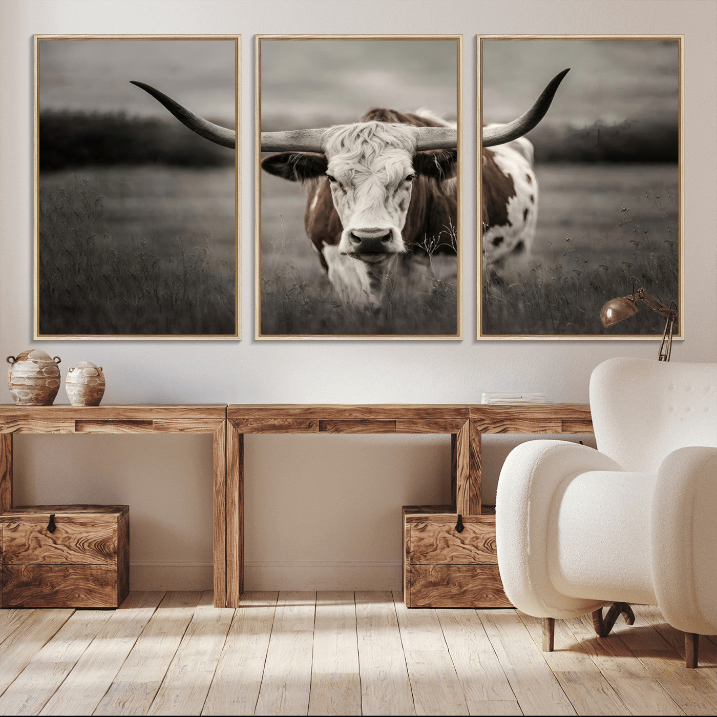 MGV-FC-60X30-3P - Texas Longhorn Cow Canvas Wall Art Print - Large Rustic Longhorn Art for Living Room, Western Wall