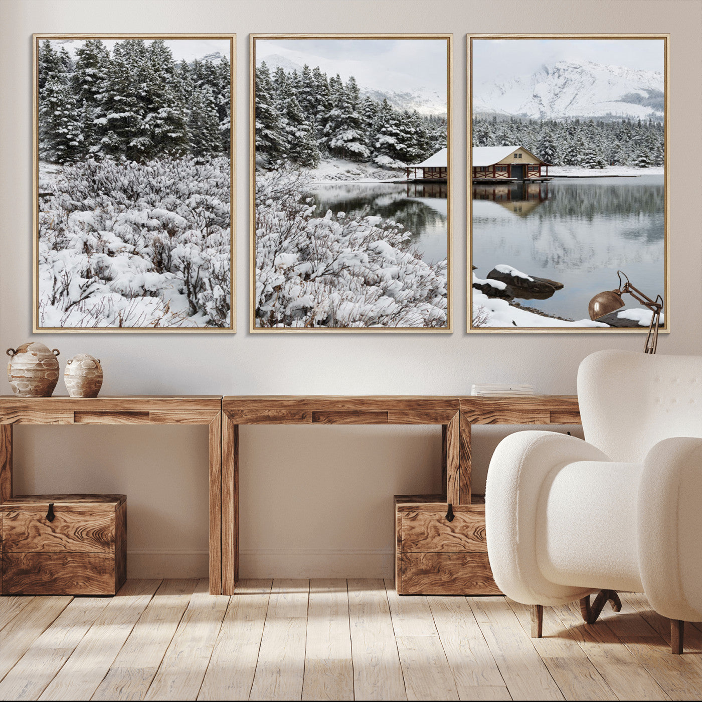MGV-FC-60X30-3P - Winter Wall Art - Cabin by the Lake Canvas Wall Art - Serene Snowy Landscape with Mountain View,