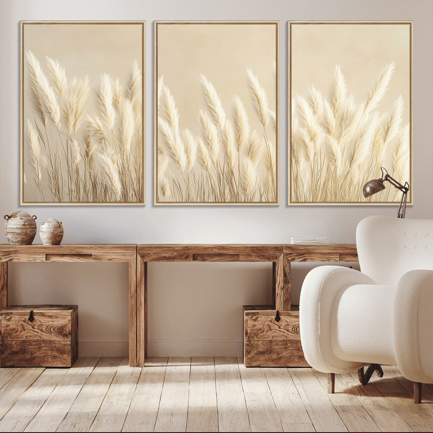 MGV-FC-60X30-3P - Grass Wall Art Print - Elegant Neutral Decor for Living Room, Boho Minimalist Artwork, Ready to Hang