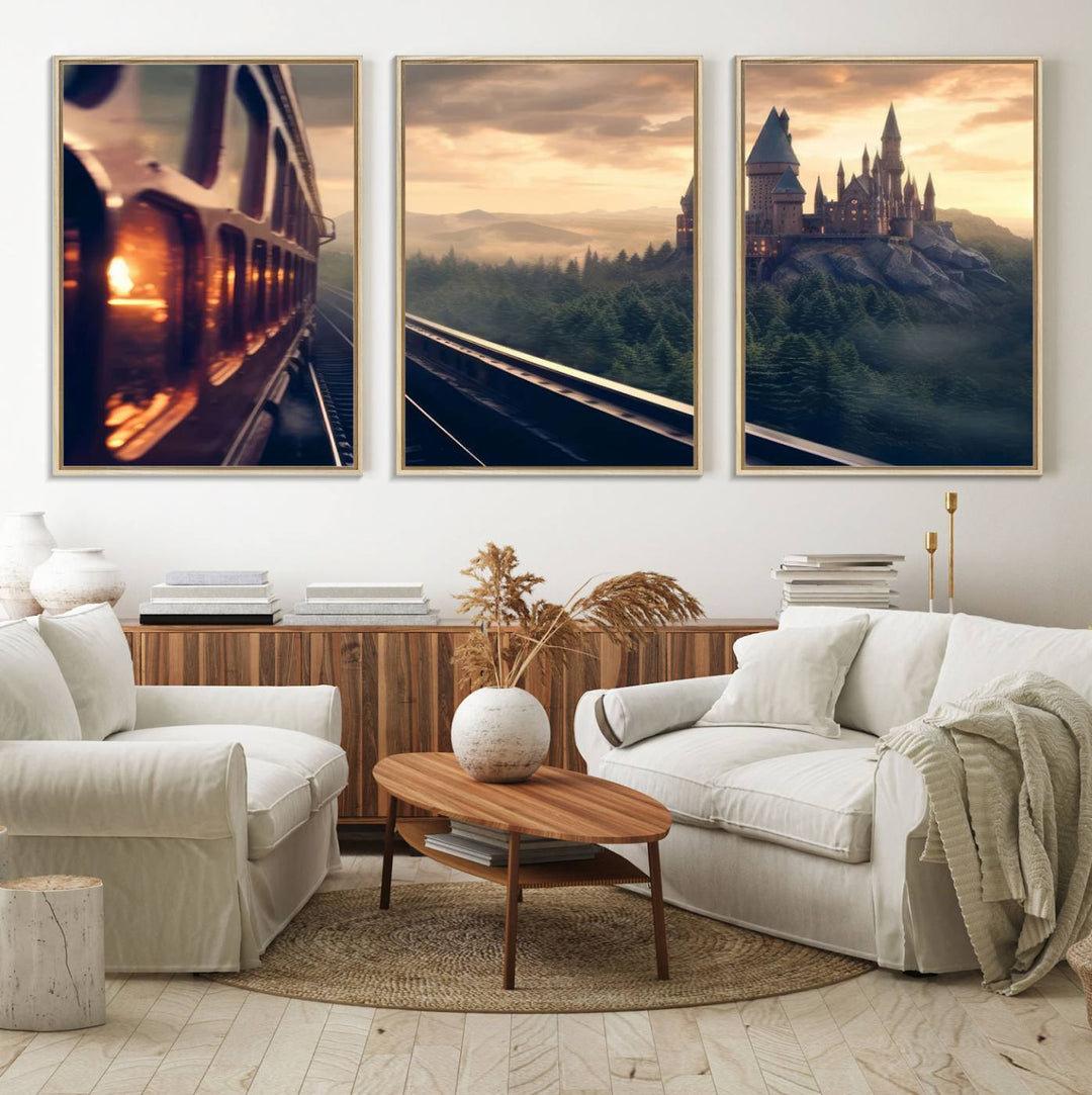 The "Harry Castle Wall Art Canvas Print," depicting a train and castle at sunrise, is elegantly featured with its gallery-quality finish in the modern living room.