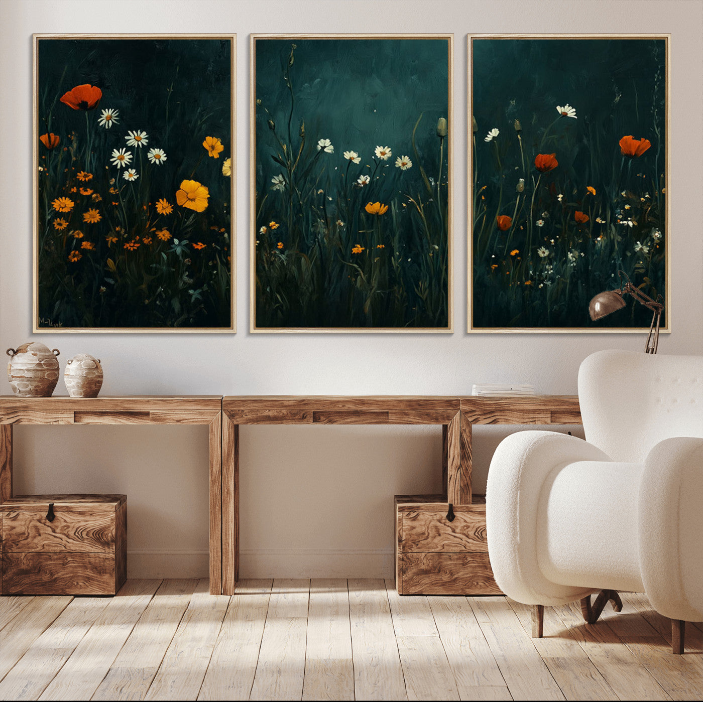 MGV-FC-60X30-3P - Framed Wildflower Field Wall Art, Framed Vintage Botanical Landscape Sign, Floral Decor, Modern