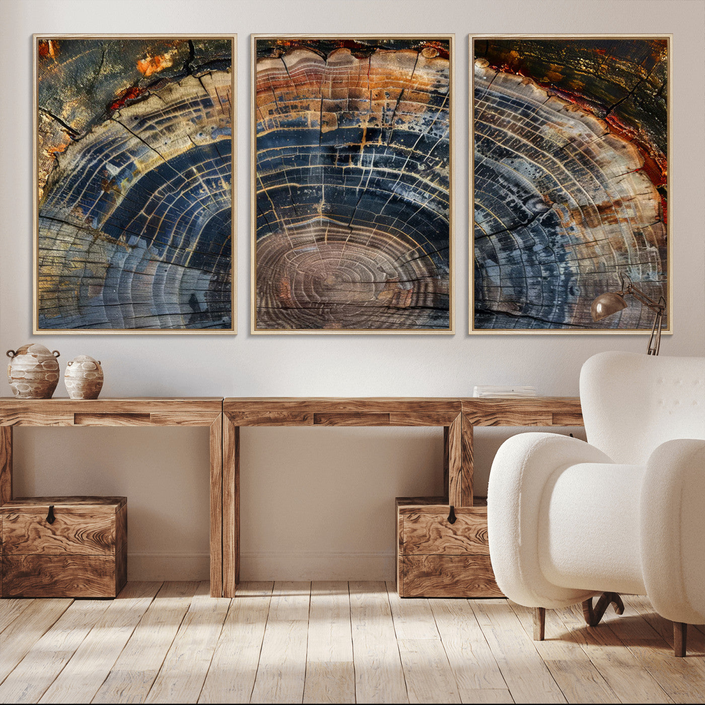 MGV-FC-60X30-3P - Framed Tree Ring Wall Art - Abstract Colorful Tree Ring Wall Decor, Minimalist Home Canvas Art,