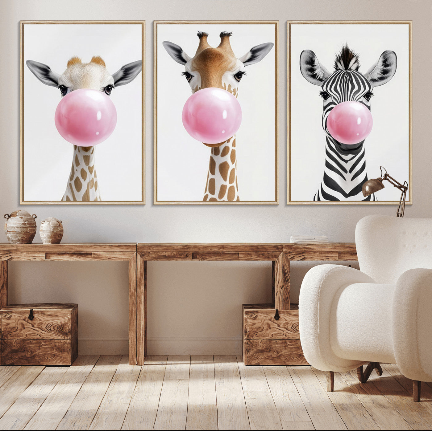 71987-MGV-CV-36X24-Bubblegum Animals Canvas Wall Art - Playful Giraffe and Zebra Trio, Fun Nursery Decor for Kids'