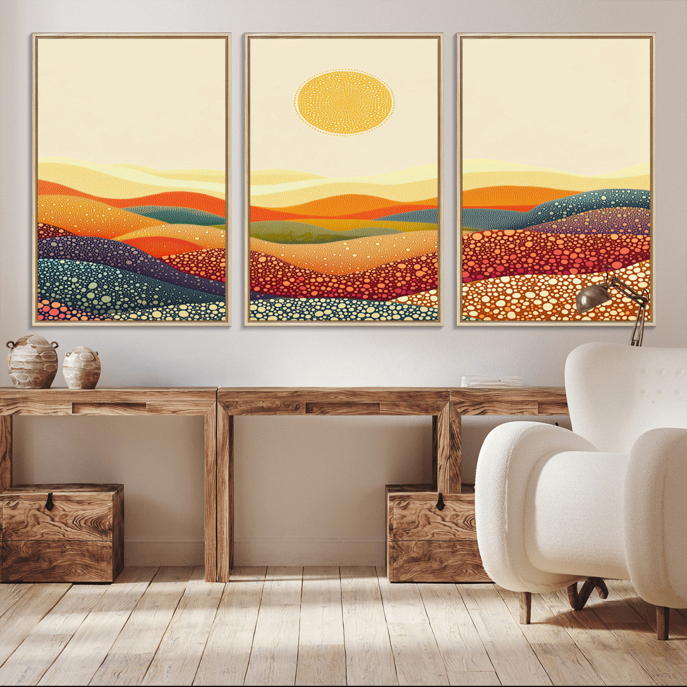 MGV-FC-60X30-3P - YAYOI KUSAMA Colorful Dot Art Landscape Canvas - Framed Abstract Pointillism Inspired by Nature with