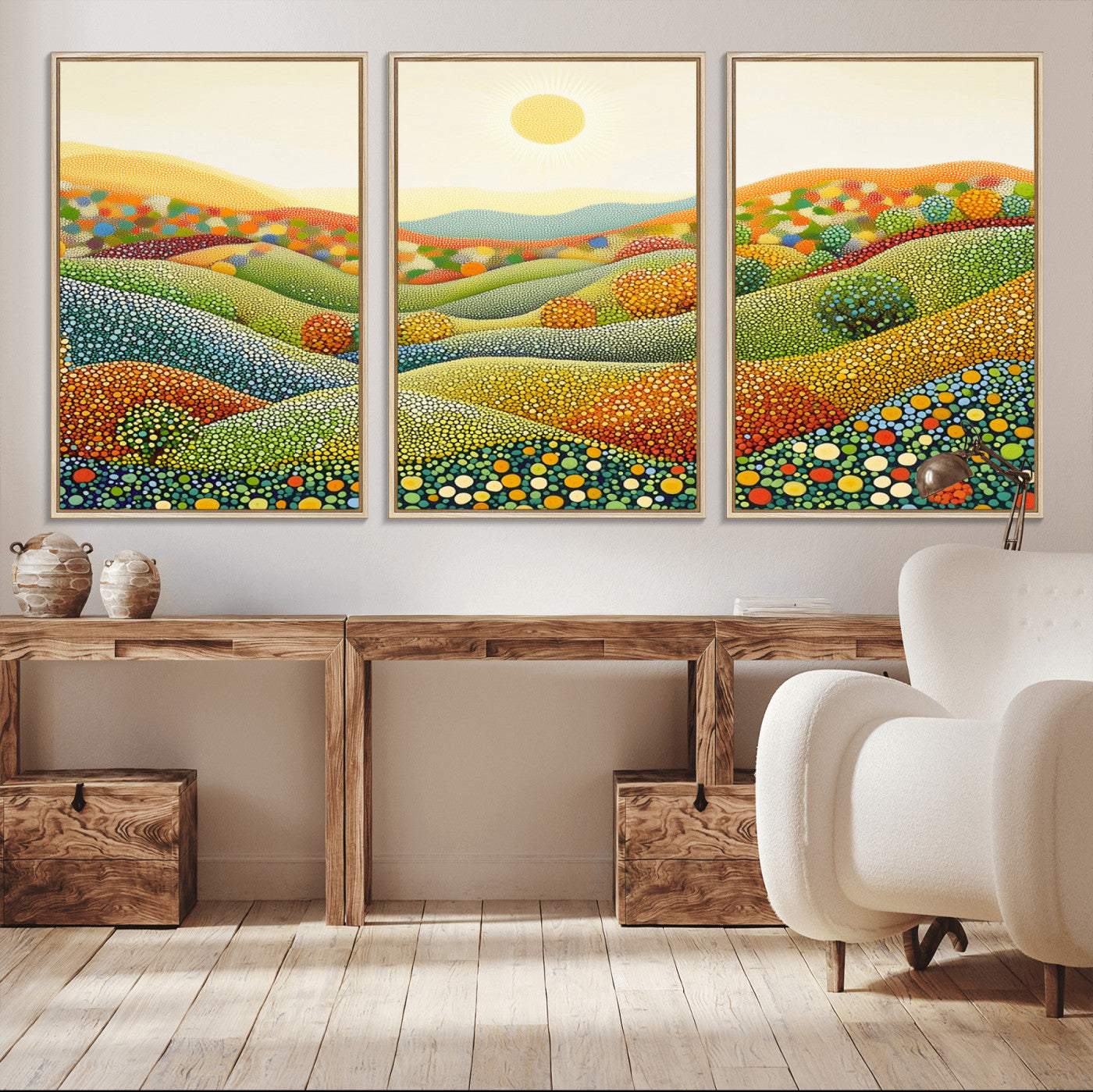 MGV-FC-60X30-3P - YAYOI KUSAMA Wall Art - Colorful Dot Art Landscape Canvas, Framed Japanese Dot Art