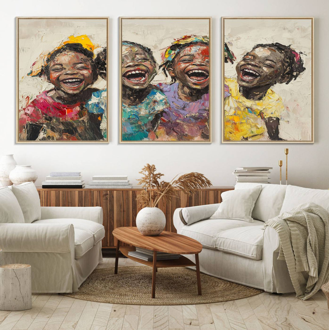 The Shai Yossef style "Joyful Childhood Canvas Wall Art" beautifully depicts an expressive impasto painting of three cheerful black children laughing, capturing the joyous essence of childhood.