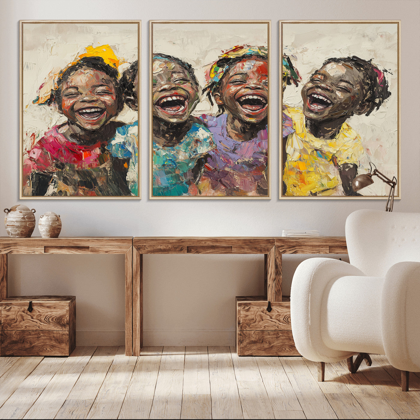 MGV-FC-60X30-3P - Shai Yossef style Joyful Childhood Canvas Wall Art - Expressive Impasto Painting of Black Children