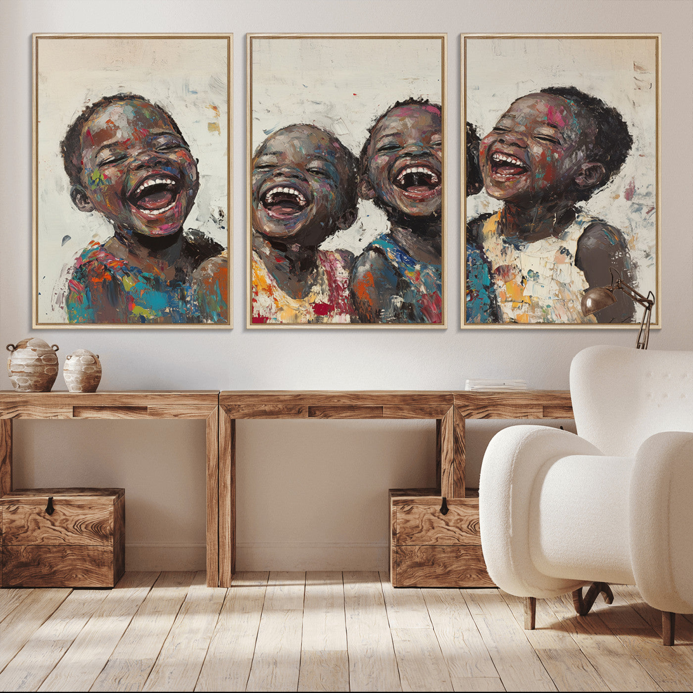 85256-MGV-CV-36X24-Shai Yossef Print - Joyful Childhood Canvas Wall Art - Expressive Impasto Painting of Laughing