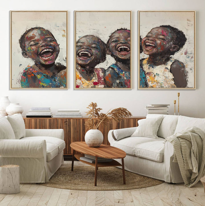 This Shai Yossef Print - Joyful Childhood Canvas Wall Art is an expressive impasto painting of laughing children. As framed abstract art for your living room, it adds a touch reminiscent of Shai Yossef's unique style to any living space.