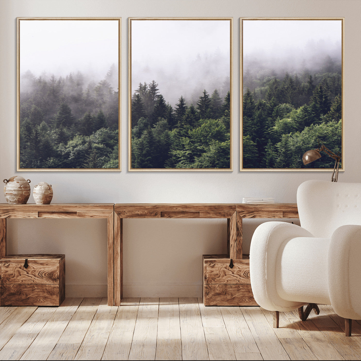 -Misty Forest Canvas Wall Art – Serene Triptych Nature Print – Woodland Landscape Decor for Living