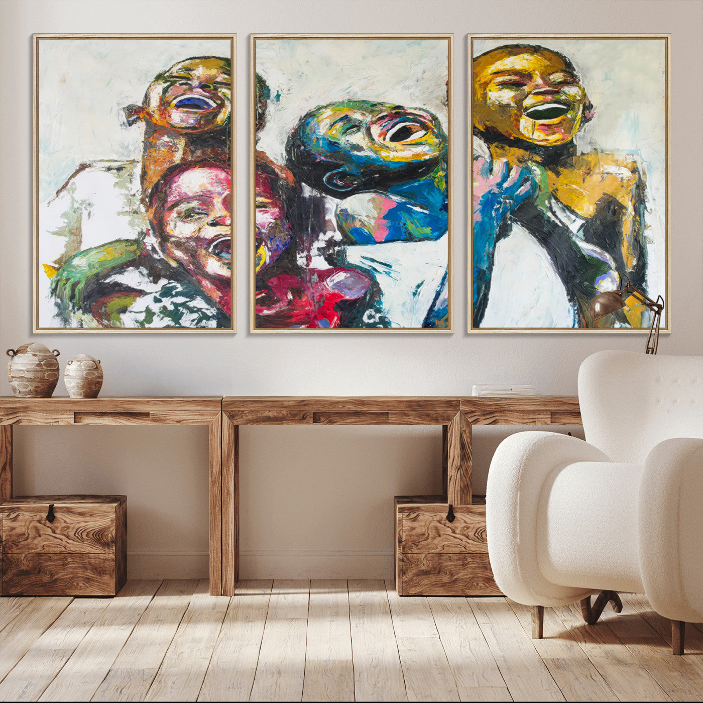 MGV-FC-60X30-3P - Shai Yossef Style Canvas Art - Joyful African Black Kids Impasto Painting with Vibrant Brushstrokes,