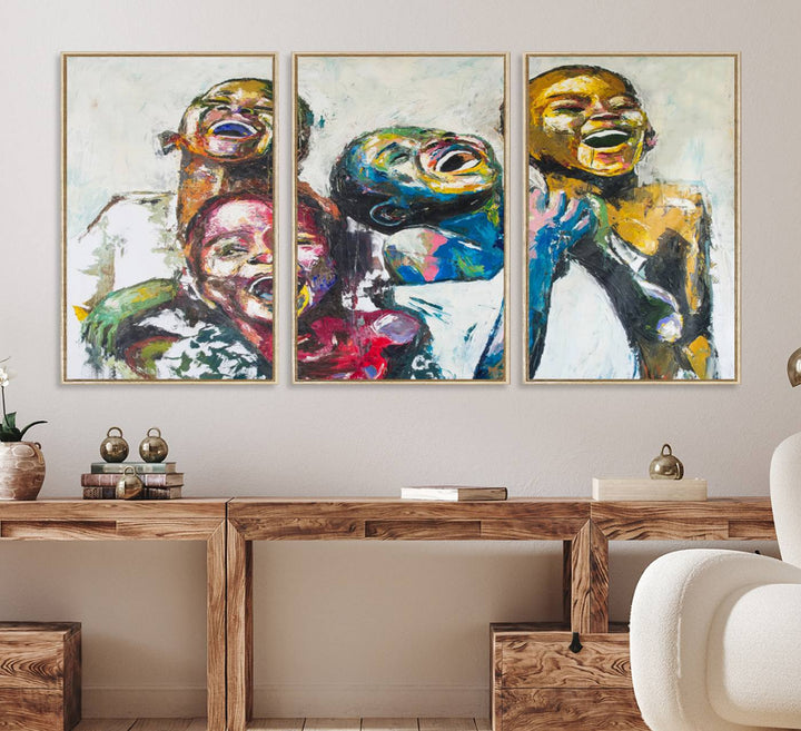 A vibrant Shai Yossef canvas art of joyful kids hangs prominently.