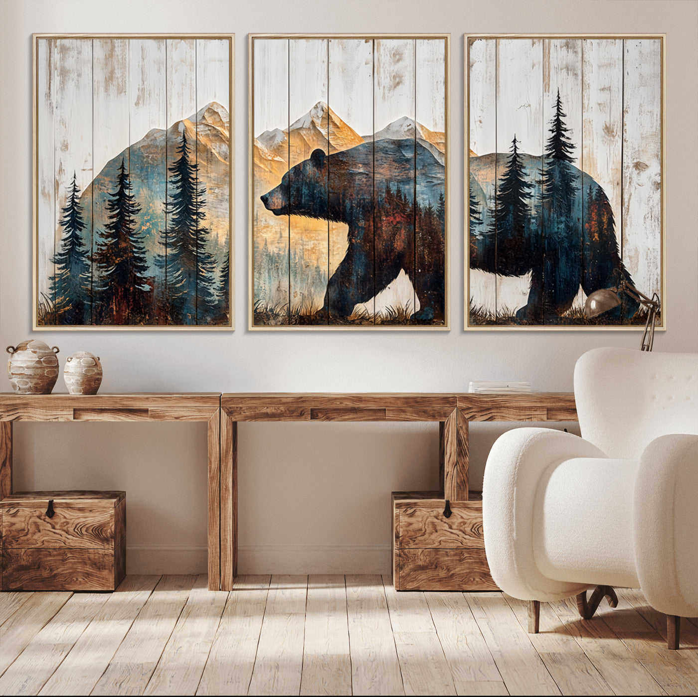 MGV-FC-60X30-3P - Rustic Bear Wall Art - Grizzly 399 Bear Wall Art - Mountain Wood Canvas Wall Art - Nature Theme