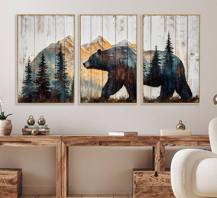 Grizzly 399 Wall Art triptych features a serene mountain scene.