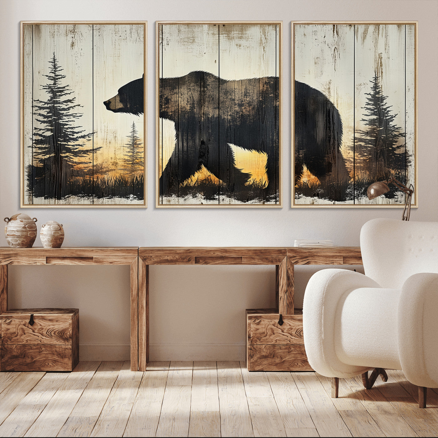 MGV-FC-60X30-3P - Vintage Bear Wall Art Canvas Print for Farmhouse - Mountain Wood Canvas Wall Art - Forest Silhouette