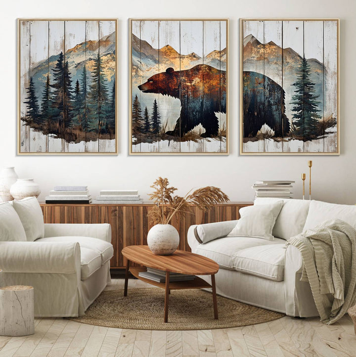 The Rustic Grizzly 399 Bear and Mountain Wood Canvas Wall Art elegantly depicts a majestic bear in a pine forest with mountain silhouettes, expertly framed on distressed wooden panels. This nature-inspired piece infuses charm and warmth, serving as perfect cabin wall decor.