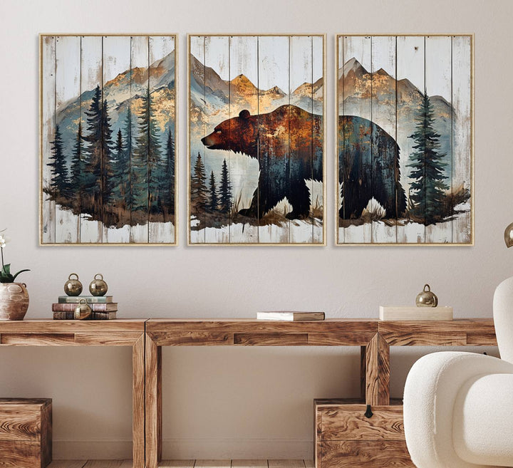 The living room features Rustic Grizzly 399 bear wall art, adding a cozy touch to the setup.