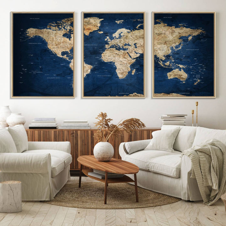 A personalized world map canvas print hangs above.