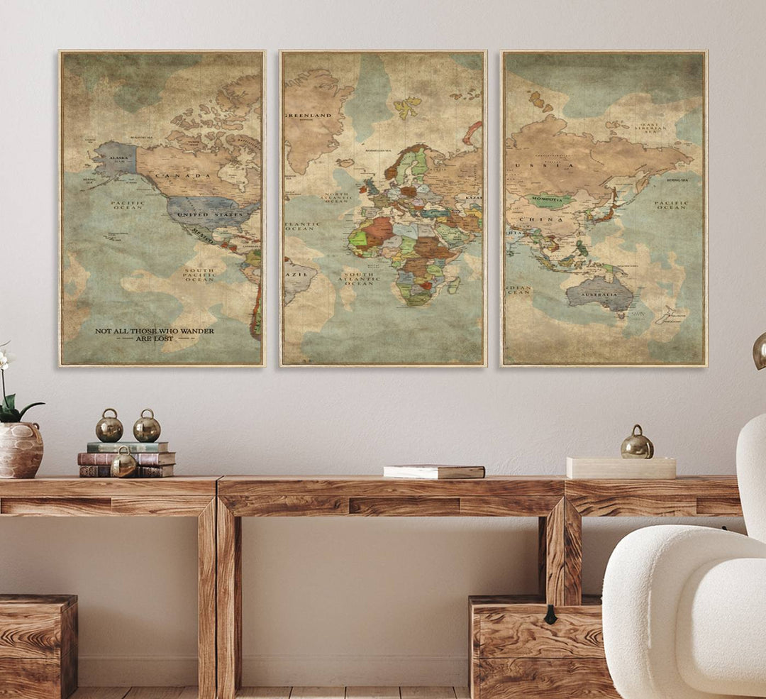 A Personalized World Map Canvas Print in vintage style enhances the setting with its artistic charm.