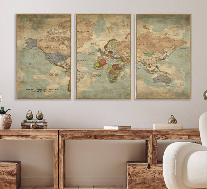 A Personalized World Map Canvas Print in vintage style enhances the setting with its artistic charm.