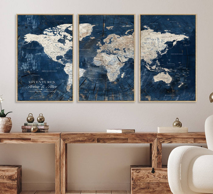 Personalized World Map Wall Art Print is displayed on a porch, with plants in the background.