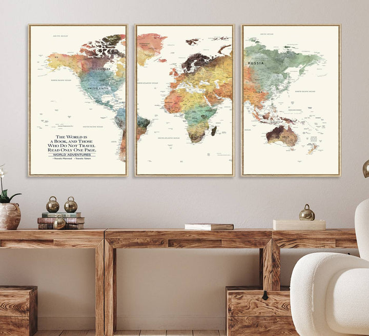 A colorful Personalized World Map Canvas Print, ideal as wall art for living room or office.