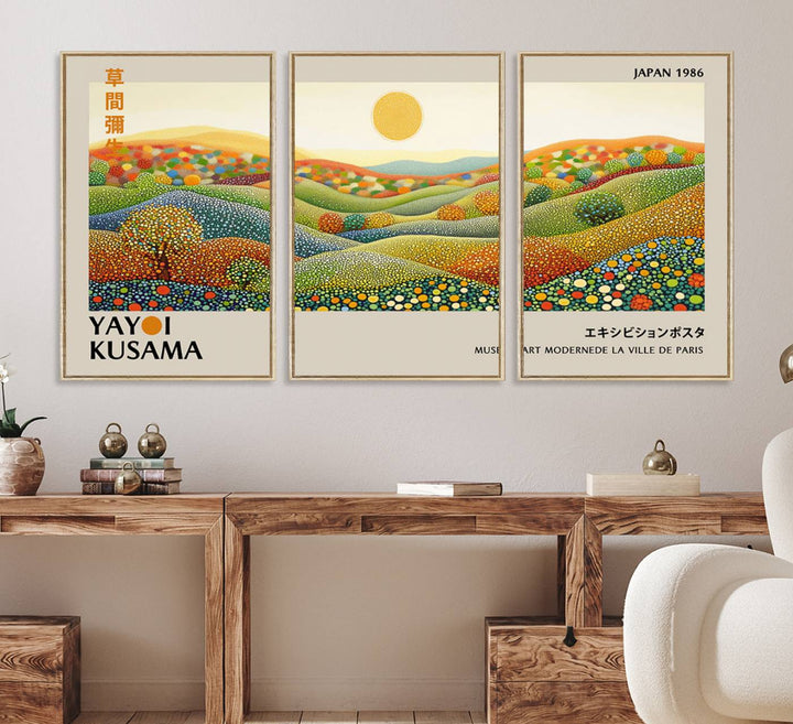 The Yayoi Kusama Wabi Sabi Japanese Wall Art Print features a vibrant landscape with dots, sun, and mountains.