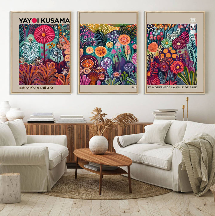 A framed "Yayoi Kusama Wall Art Canvas Print" showcases an abstract floral design, reflecting Japanese aesthetics.