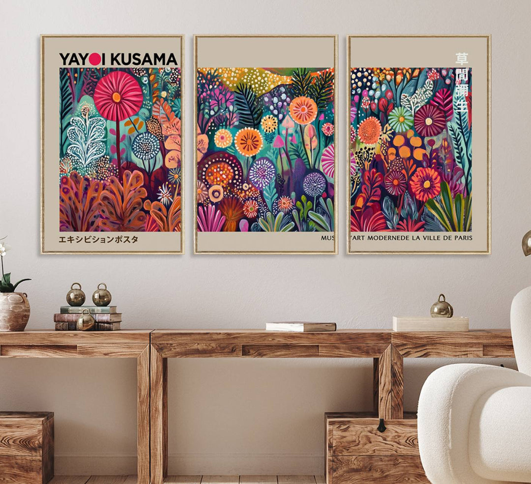 A vibrant Yayoi Kusama Wall Art Canvas Print is held on a porch.