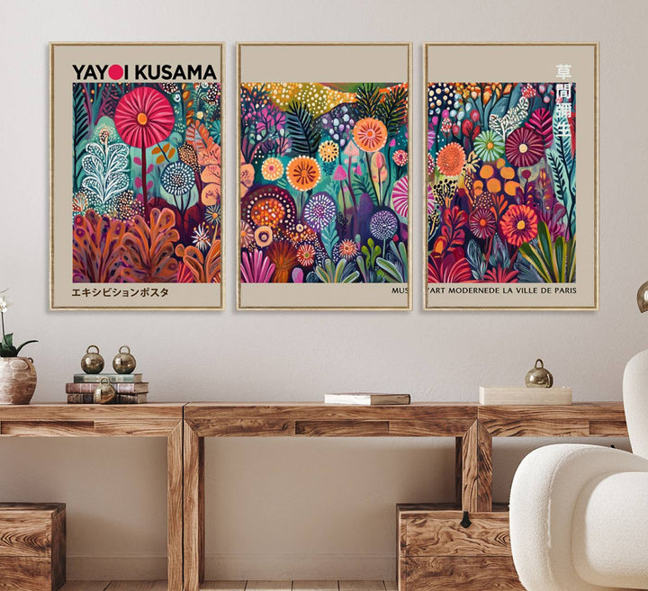 A vibrant Yayoi Kusama Wall Art Canvas Print is held on a porch.