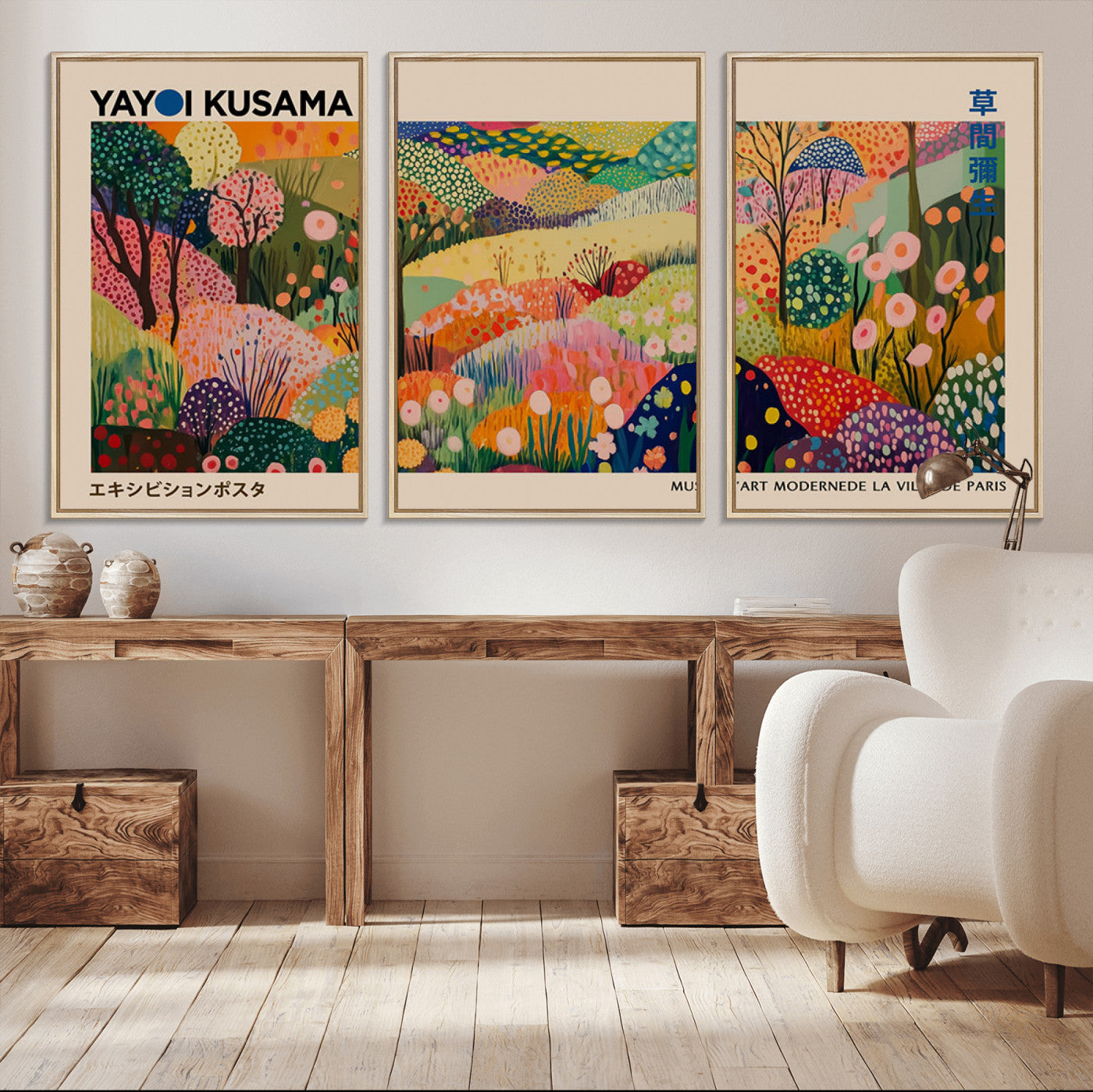 MGV-FC-60X30-3P - Yayoi Kusama Japanese Art Canvas Print, Abstract Art, Large Yayoi Kusama Framed Print, Japanese Wabi