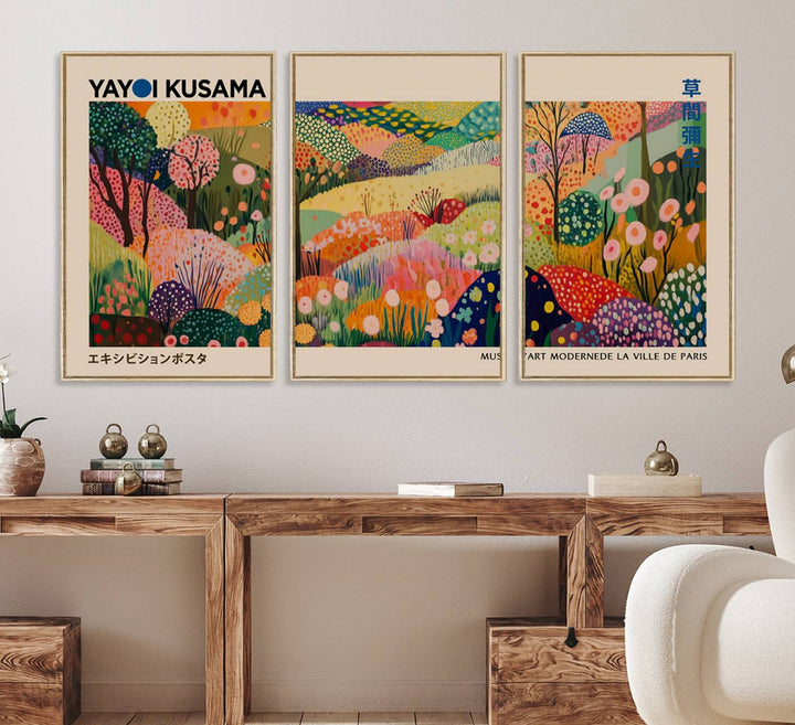 A Yayoi Kusama Wall Art Canvas Print featuring vibrant abstract floral patterns is displayed in a tranquil forest setting.