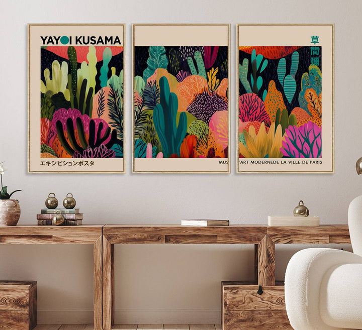 A vibrant Yayoi Kusama Wall Art Canvas Print showcases intricate abstract flora on a light background.