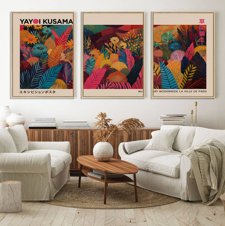 The Yayoi Kusama Inspired Wall Art Canvas Print features colorful flowers and foliage, presented with a premium canvas and gallery-quality finish.