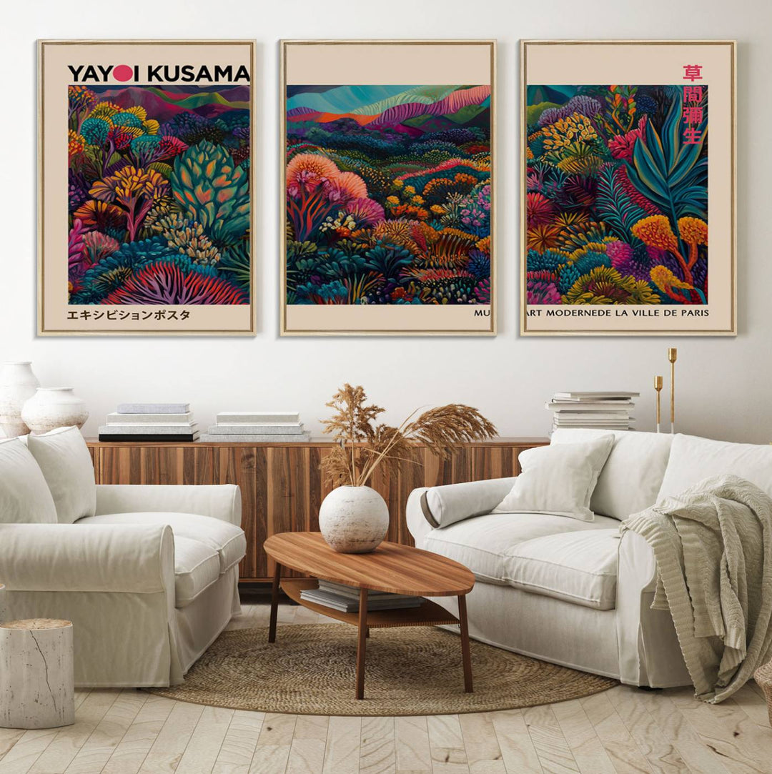 The Yayoi Kusama Wall Art Canvas Print features a vibrant and colorful landscape with abstract vegetation, perfectly capturing the essence of Japanese Wabi Sabi aesthetics.