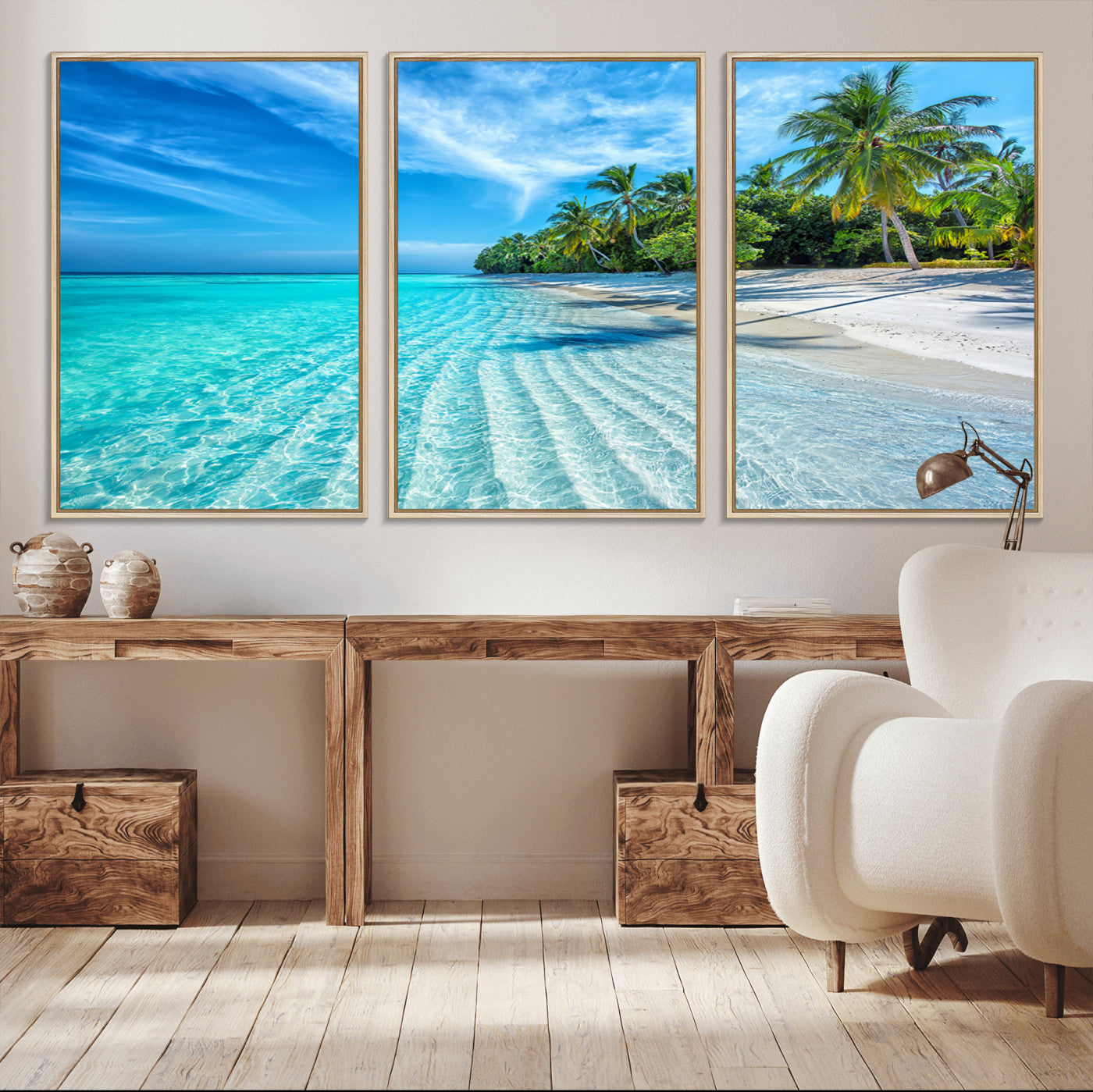 MGV-FC-60X30-3P - Tropical Beach Wall Art Canvas Print - Serene Ocean Landscape with Crystal Clear Turquoise Water and